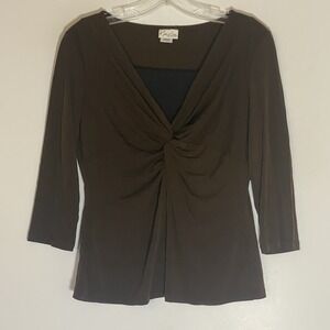 Kim Rogers Petite Top Womens PM Brown Bunched Ruffle V Neck 3/4 Sleeve Retro Y2K